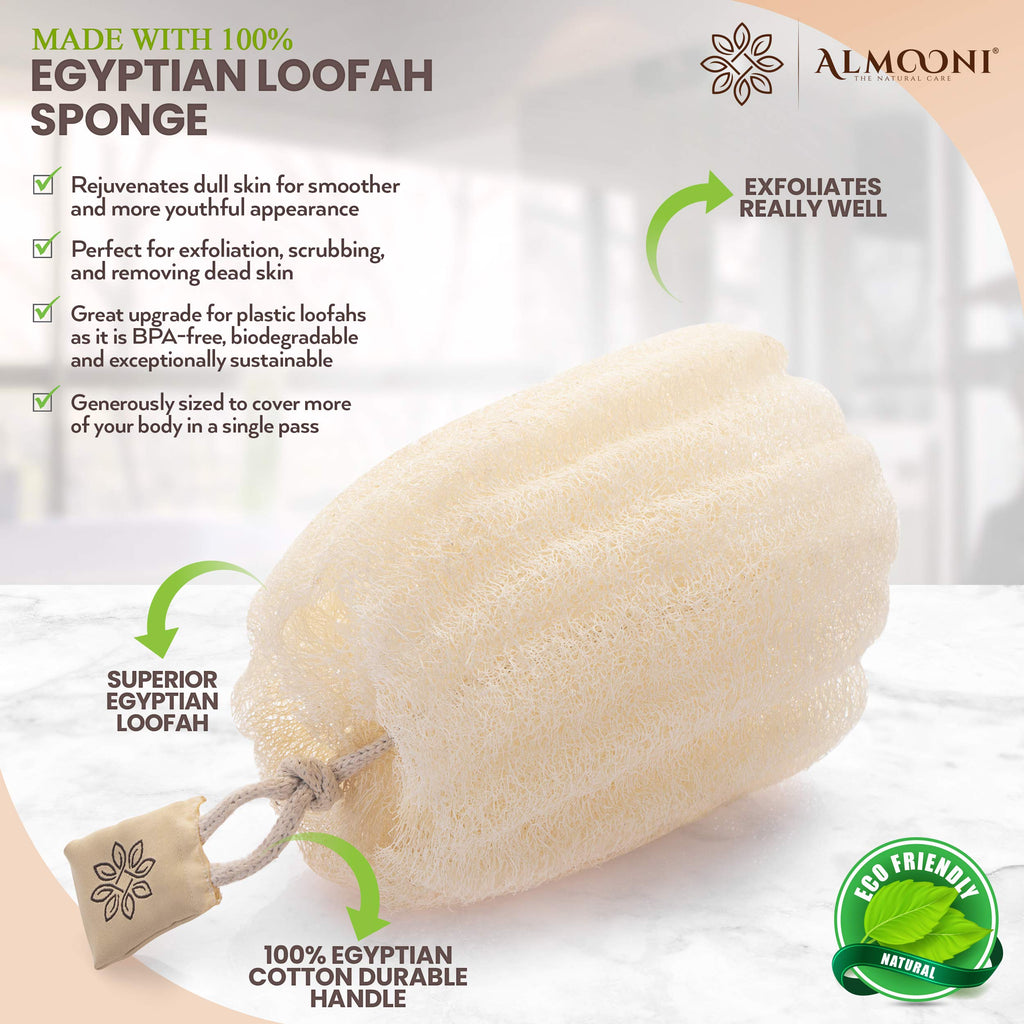 ALMOONI Natural Loofah Body Scrubber, Egyptian Loofah Sponge, 3 Count