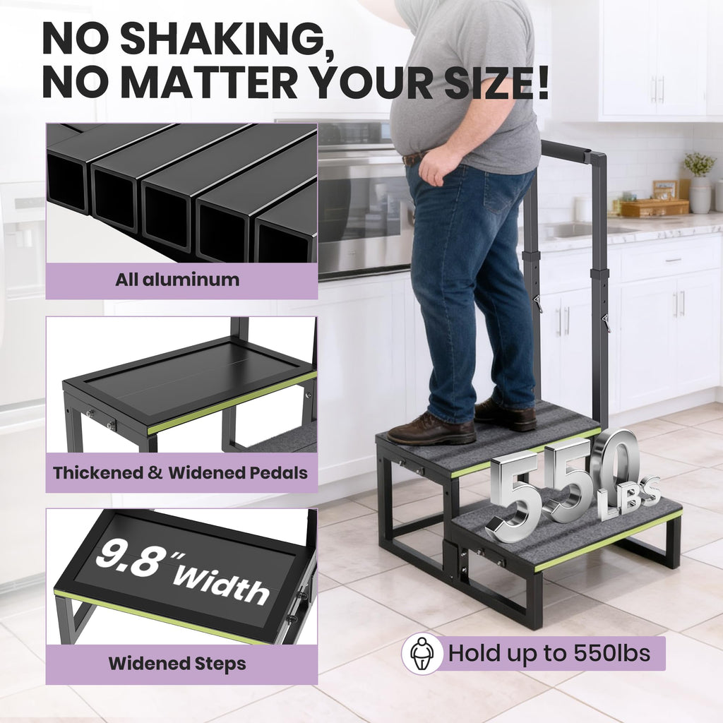 2 Step Stool with Handle for Elderly,Bed Steps for High Beds for Adults,Seniors,Heavy Duty Step Stool with Adjustable Handrail/Removable Cover/Glow Strip for Bathtub,Kitchen,RV