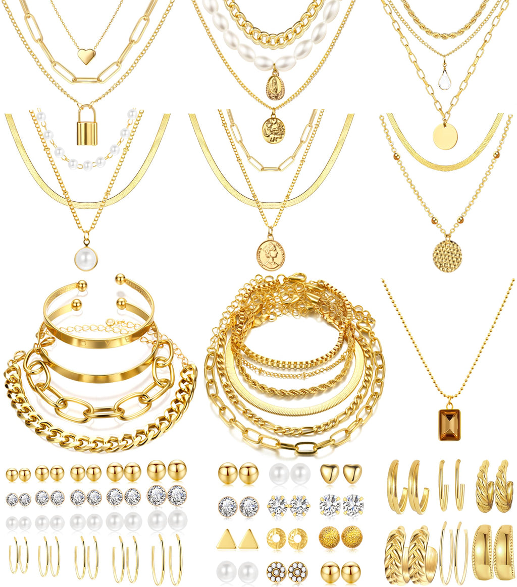 FAXHION 68 Pcs Gold Jewelry Set for Women with 7 Necklace, 17 Bracelet, 5 Hoop Earrings, 15 Stud Earrings, 24 Knuckle Rings for Women Jewelry Set for Women Gift