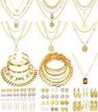FAXHION 68 Pcs Gold Jewelry Set for Women with 7 Necklace, 17 Bracelet, 5 Hoop Earrings, 15 Stud Earrings, 24 Knuckle Rings for Women Jewelry Set for Women Gift