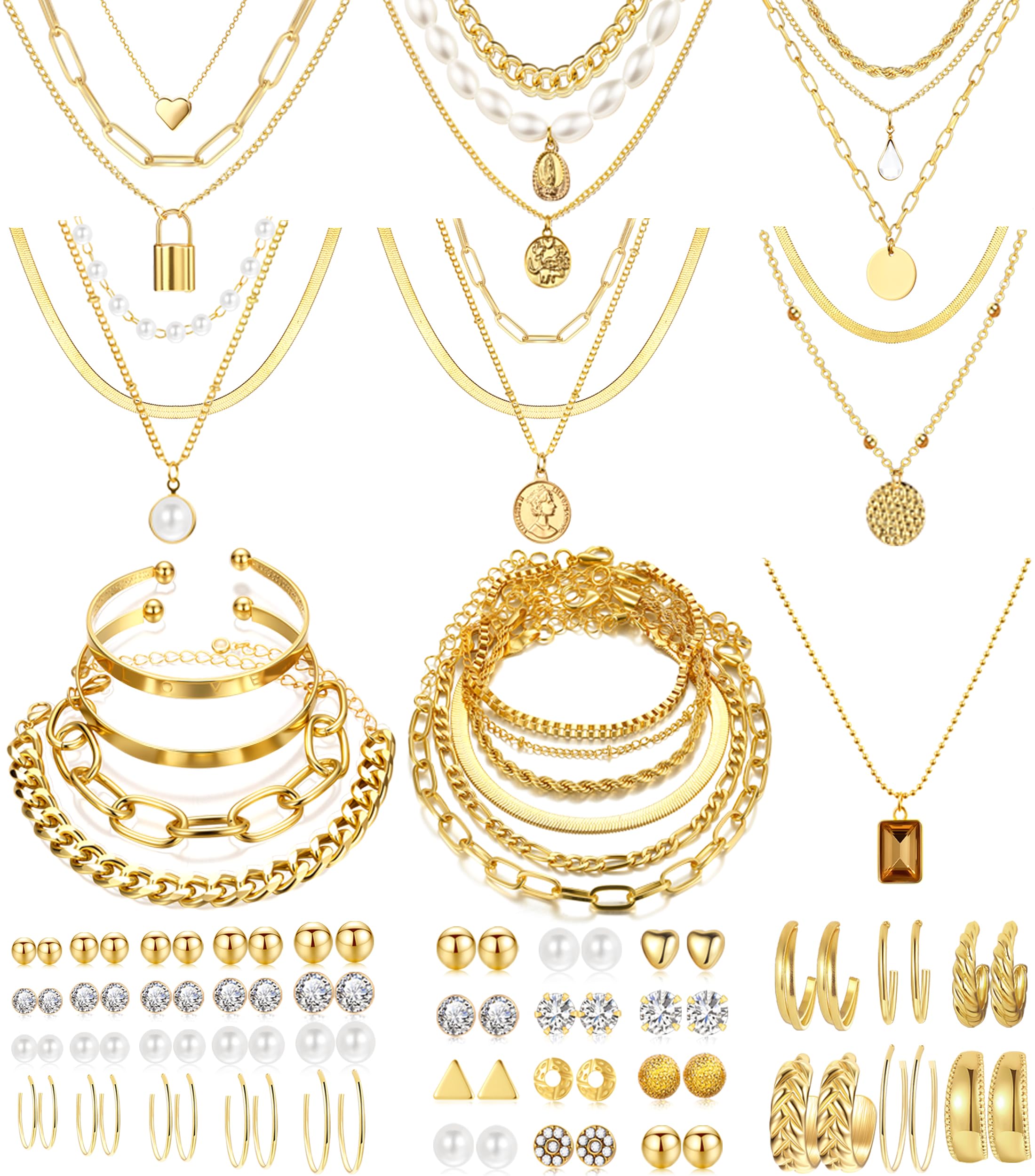 FAXHION 68 Pcs Gold Jewelry Set for Women with 7 Necklace, 17 Bracelet, 5 Hoop Earrings, 15 Stud Earrings, 24 Knuckle Rings for Women Jewelry Set for Women Gift