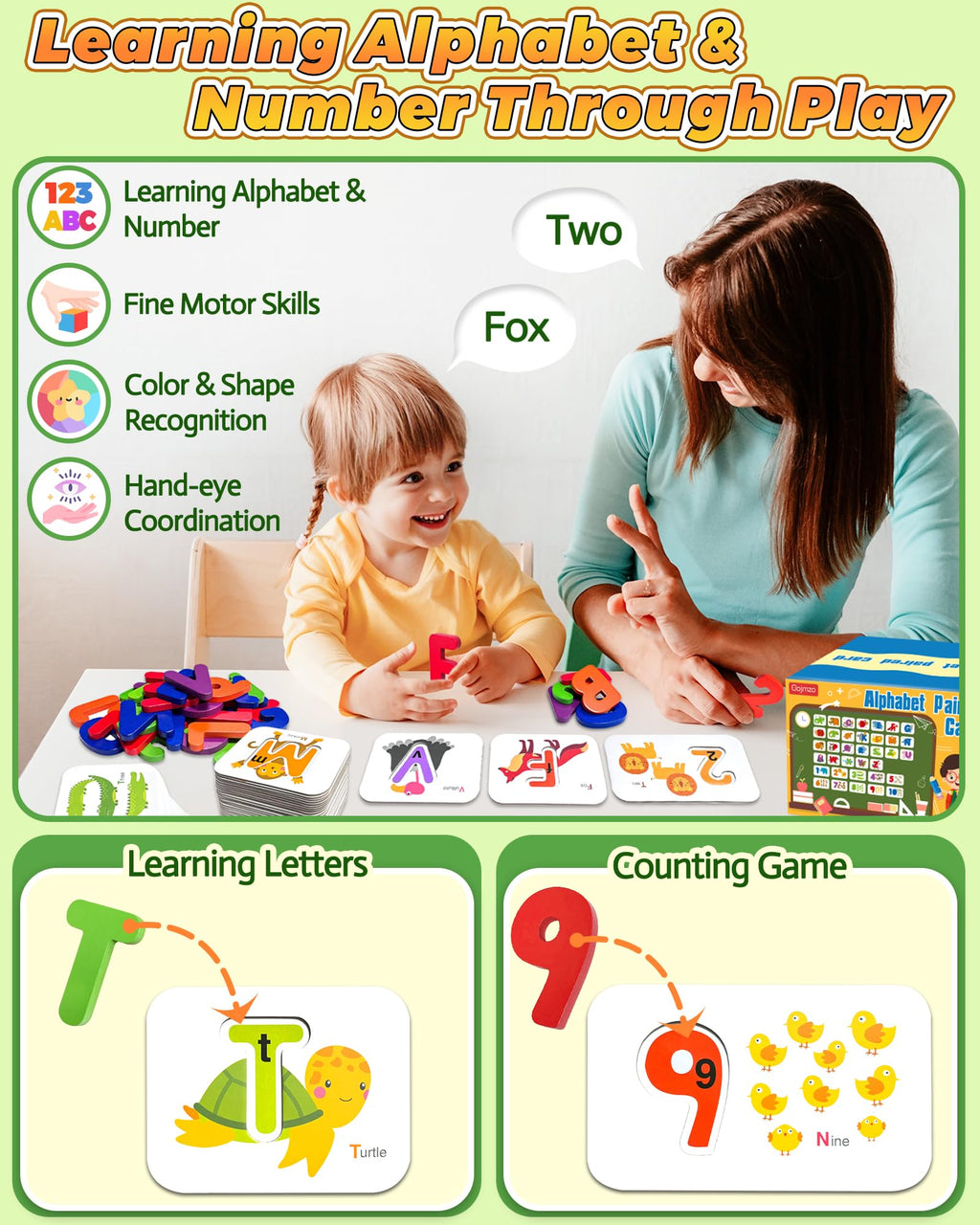 Gojmzo Alphabet Flash Cards, ABC Learning Toys for Kids 3-5, Wooden Letters Number Blocks Sight Words Matching Game, Toddler Preschool Learning Activities, Montessori Educational Toys for 3+ Year Old