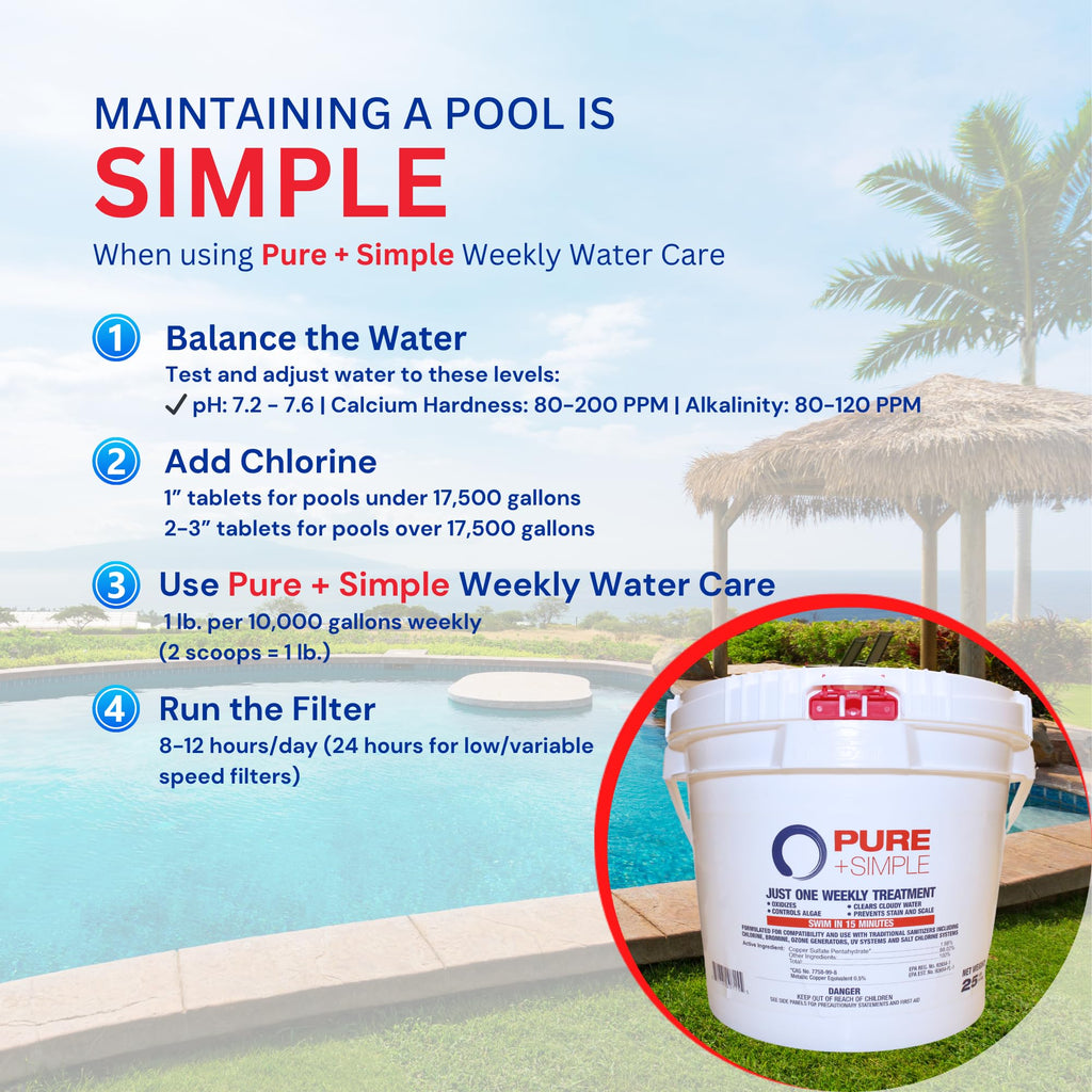 Pure + Simple | All-in-One Weekly Pool Treatment | Controls Algae & Clarifier for Swimming Pools with Copper-Based Formula | Ideal for Above Ground and Inground Use - 25 lbs