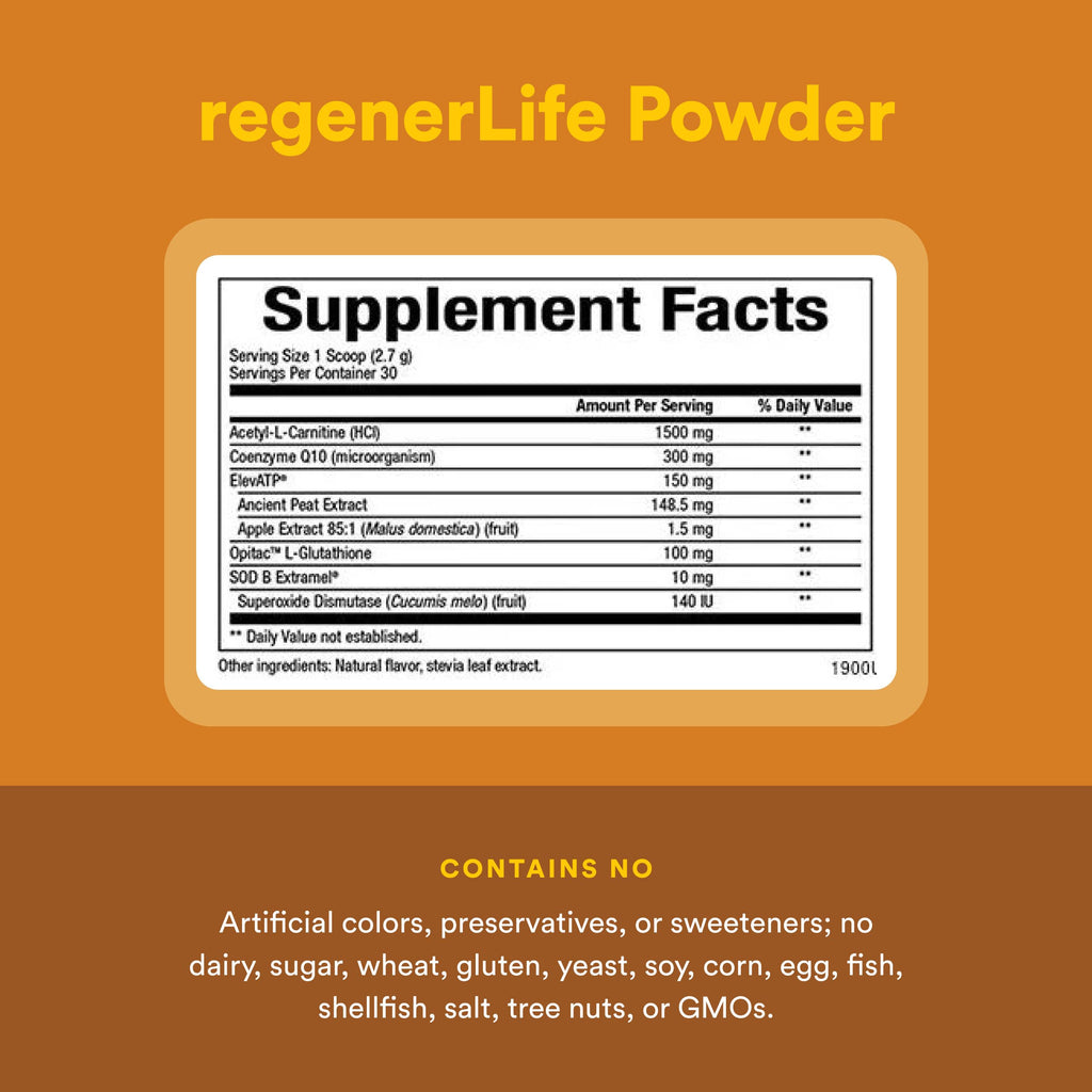 Natural Factors RegenerLife Powder - Supports Cellular Energy & Fatigue* - Mitochondria Support Drink Mix - Non-GMO - Tropical Flavor - 2.86 oz