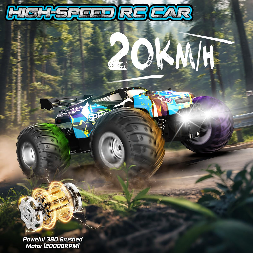 Remote Control Car, 1:18 2WD Off-Road RC Truck 20 KM/H, All-Terrain RC Cars with Headlights, BodyLights, 2.4GH Rechargeable Remote Control Monster Truck, Christmas or Birthday Gift Toys for Boys Girls