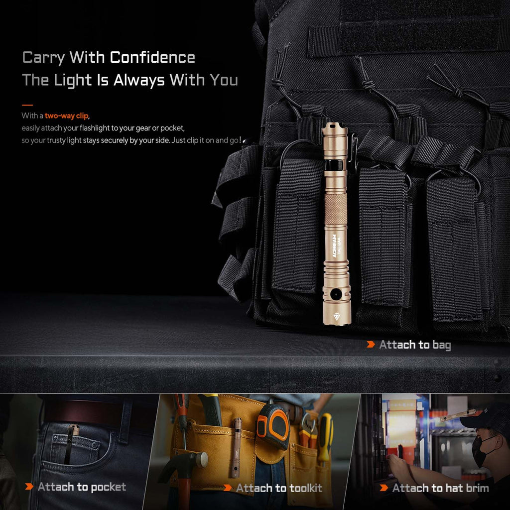 ACEBEAM TAC 2AA EDC Tactical Dual Modes Flashlight Rechargeable, 1400 High Lumens Flashlight, Dual Switch Pocket LED Flashlight, Super Bright Small Flash Light for Emergency, Camping, Home(SFT-25R HI)