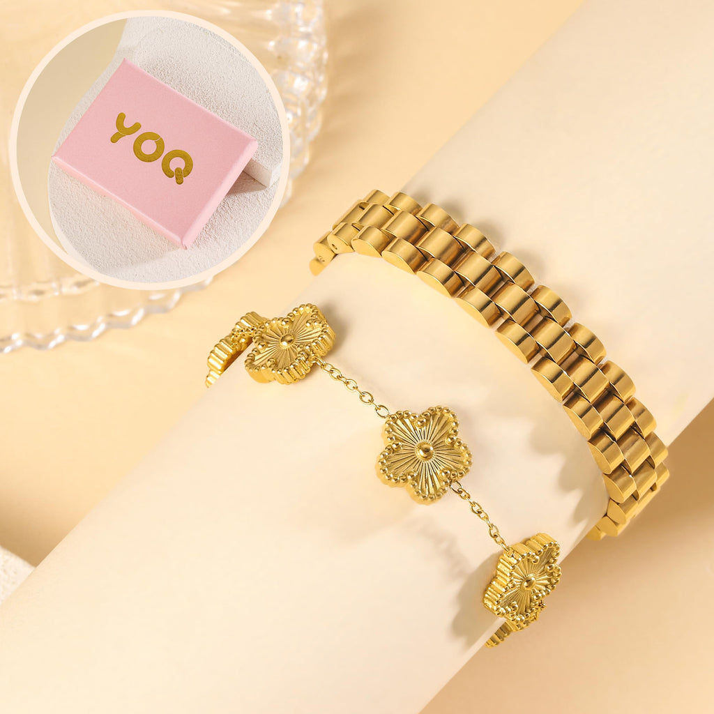 YOQ Stackable Four Leaf Clover Bracelets for Women, 18K Gold Plated Love Bangle Bracelets Set, 2 Pcs Charm Jewelry Gifts (Gold 2Pcs-W)