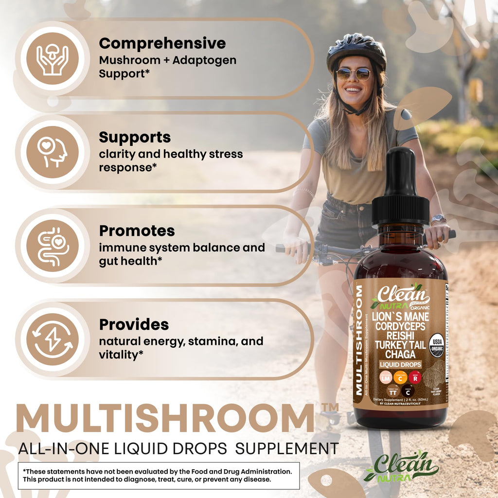 Organic Lions Mane Mushroom Supplement Liquid Drops + Turkey Tail Cordyceps Reishi Chaga Shitake Maitake Tremella Oyster Mushrooms Poria and Enokitake Complex Blend by Clean Nutra
