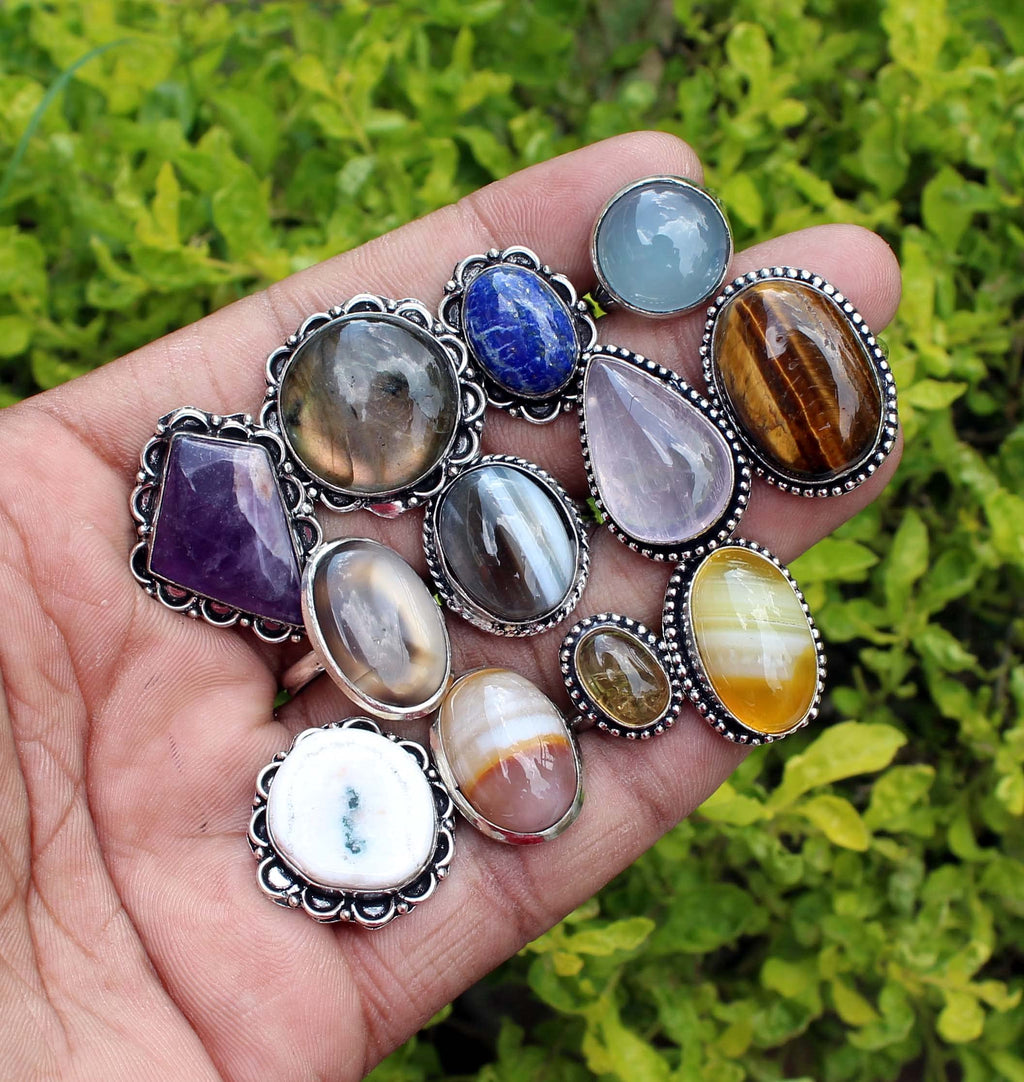Silver Carats Women's Chunky Silver Rings - 5 Pcs Fashion Ring Set, Silver Plated, Handmade Gemstone - Stackable Gothic Vintage Pack