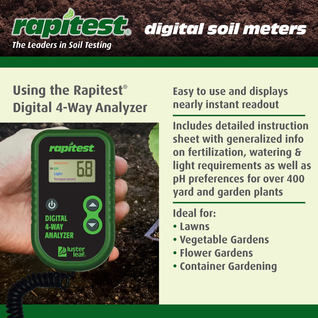 Luster Leaf Rapitest 4-Way Digital Soil Analyzer for pH, Moisture, Temperature, and Light – Designed and Engineered in the USA