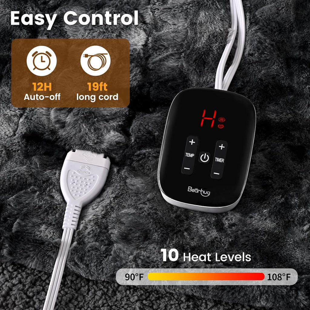 Bearhug Heated Blanket Full Size 77"x 84", Marble Black Electric Blanket, Reversible Faux Fur & Sherpa, 10 Heating Levels & 1-12H Auto Off, Over-Heat Protect, ETL, Washable Heated Blanket