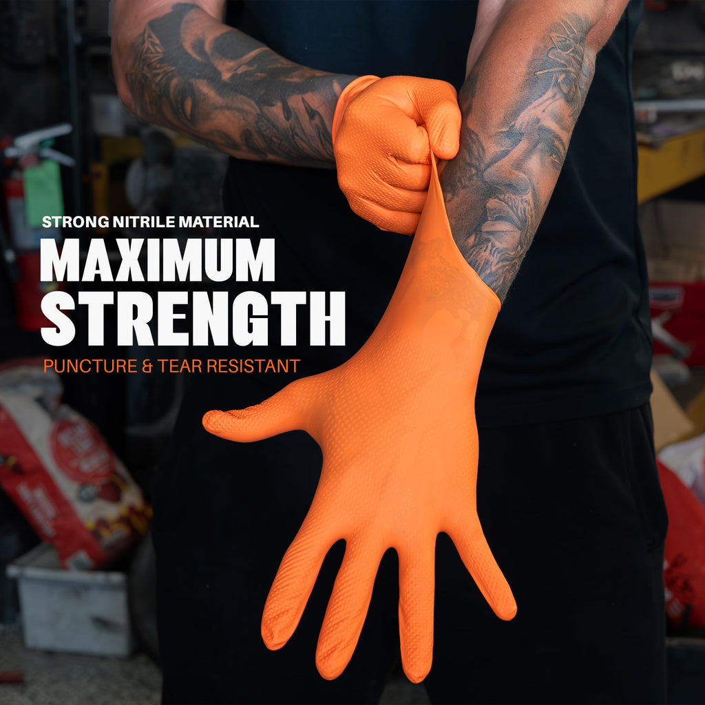 GRIPXX Herkules Grip Heavy Duty 8Mil Orange Nitrile Gloves,3D Raised Diamond Texture-Latex & Powder Free-Industrial, Mechanic (10, Large)