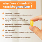 VEV Vitamin D3 K2 10,000 IU Magnesium Supplement – with Vitamin D and K (MK-7), Magnesium Glycinate & Malate, Zinc Citrate – 300 Softgels for Energy, Bone & Muscle Support