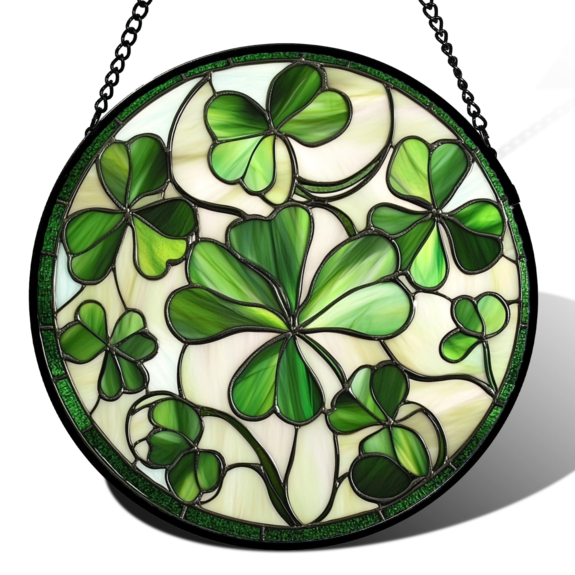 CRISGIF Stained Glass Window Hanging - Ireland Green Lucky Clover Suncatcher for Doors Garden St. Patrick's Day Sun Catchers Decor Mother's Day Birthday for Women Men Mom Nana 6.3 in