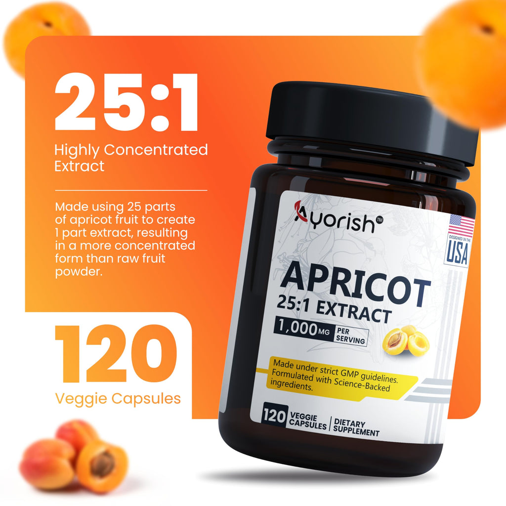 Ayorish Apricot Extract 25:1, 500 mg per Capsule 1000 mg Per Servings Immune Support Herbal Supplements (Pack of 1) (120 Capsules)