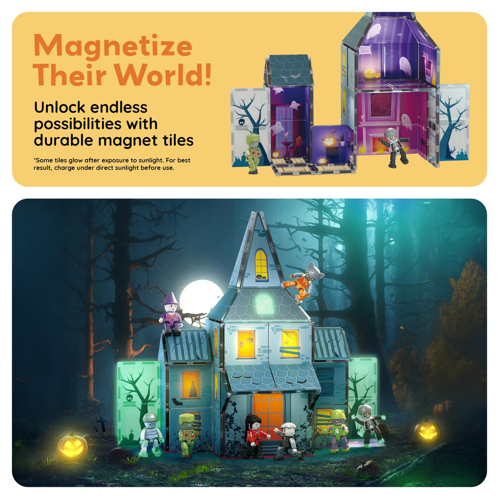 PicassoTiles 57 PCS Magnetic Tiles Halloween Haunted House STEM Set Ages 3+