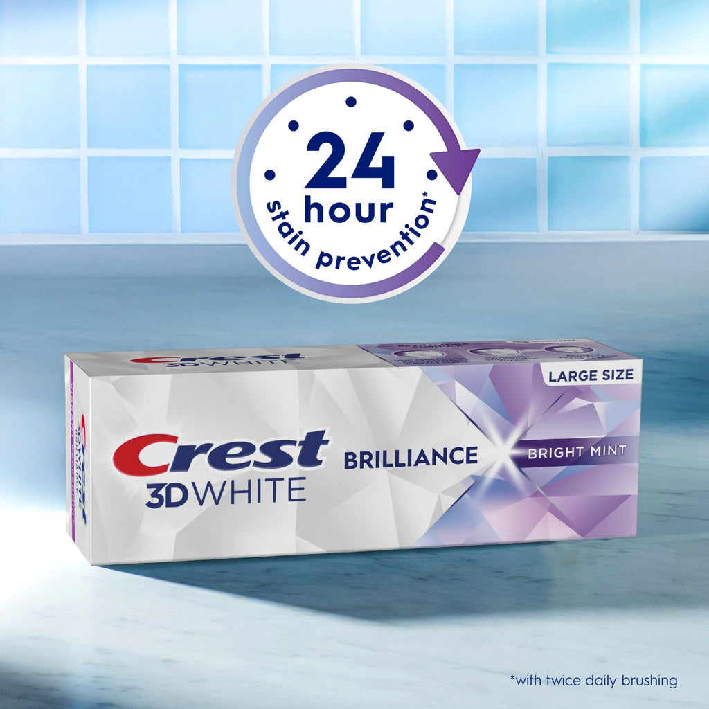 Crest 3D White Brilliance Bright Mint Teeth Whitening Toothpaste, 4.3 oz Pack of 3, 100% More Surface Stain Removal, 24 Hour Active Stain Prevention, Whiter Teeth in 3 Days