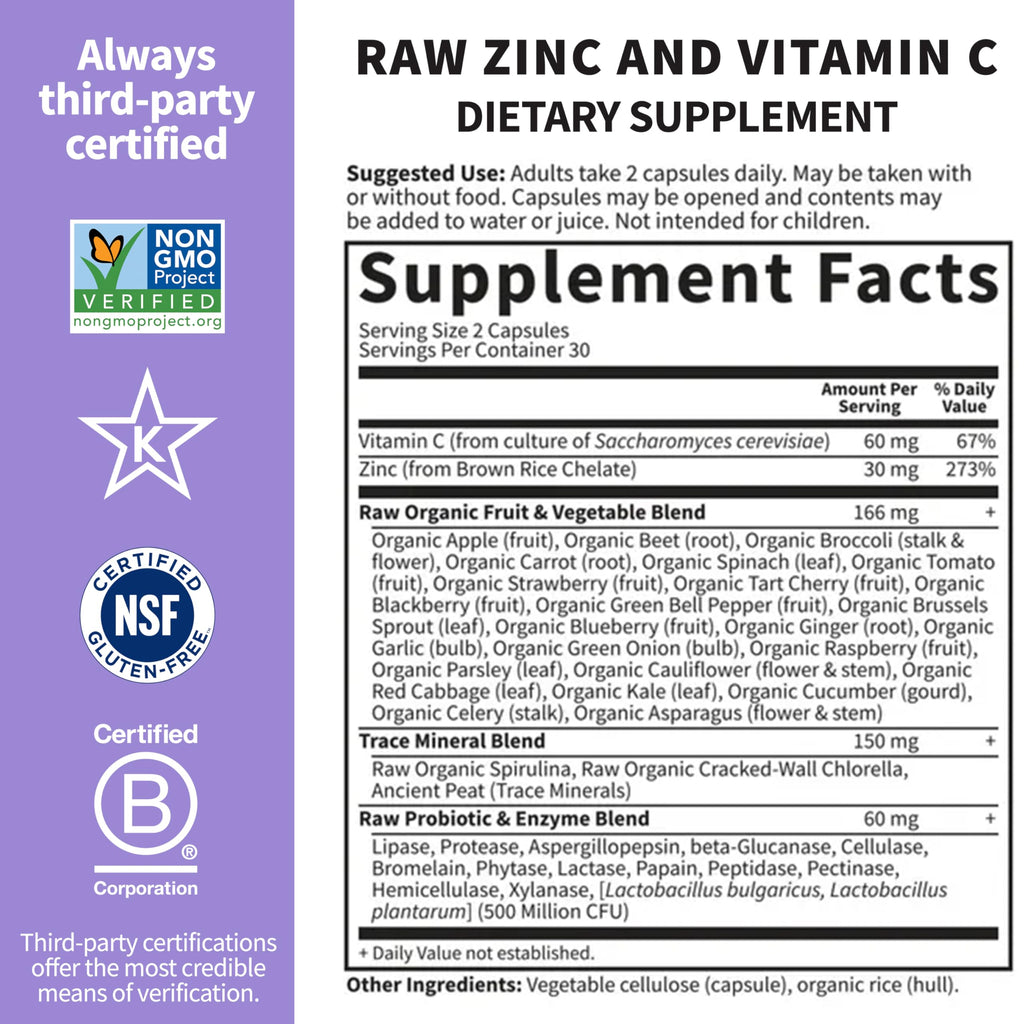 Garden of Life Zinc Supplements 30mg High Potency Raw Zinc and Vitamin C Multimineral Supplement, Vitamin Code Vitamins Trace Minerals & Probiotics for Skin Health & Immune Support, 60 Vegan Capsules