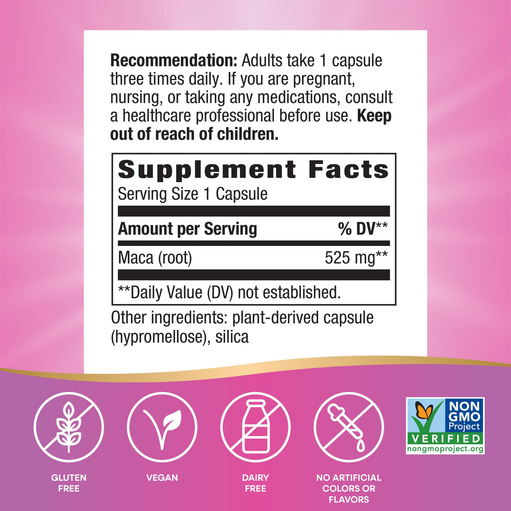 Nature's Way Maca Root, Traditional Libido Support*, 525 mg per Serving, Non-GMO Project Verified, 100 Vegan Capsules (Packaging May Vary)