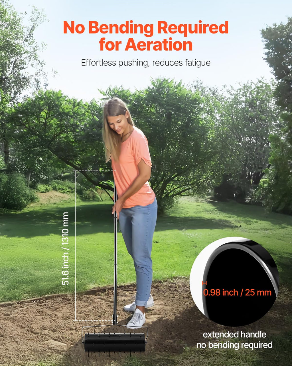 VEVOR Rolling Lawn Aerator, 21-inch Heavy-Duty Manual Rolling Aerator Lawn with Detachable Handle and 33 Iron Spikes, Rolling Lawn Aeration Tool for Garden Patio Yard Compacted Soils and Lawns, Black