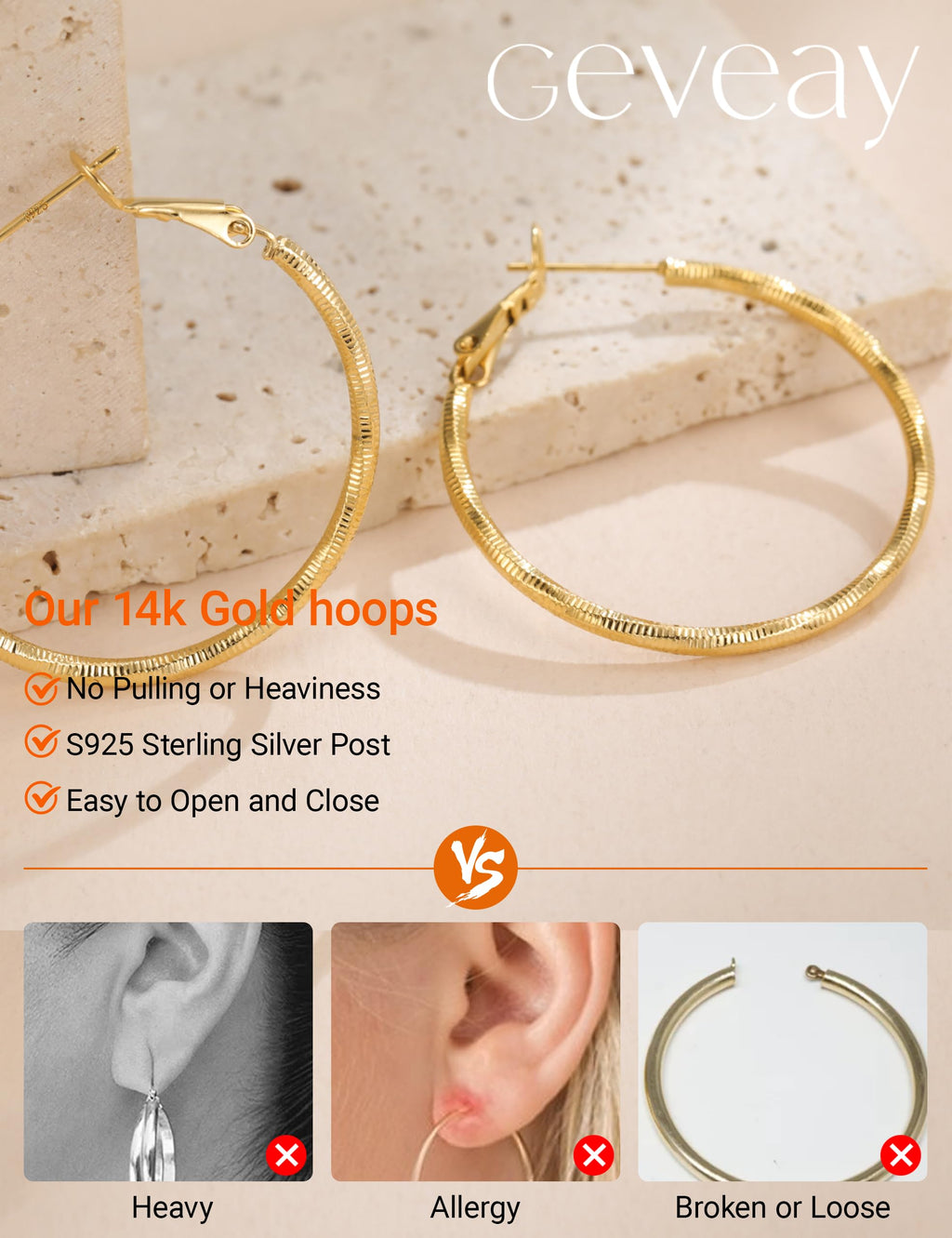 Geveay Gold Hoop Earrings for Women Trendy Hypoallergenic Lightweight Large Big Thin Twisted 14K Gold Hoop Earrings 50MM
