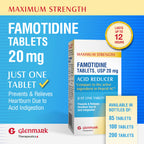 Glenmark Maximum Strength Famotidine Tablets, 20 mg, Acid Reducer for Heartburn Relief, 200 Count
