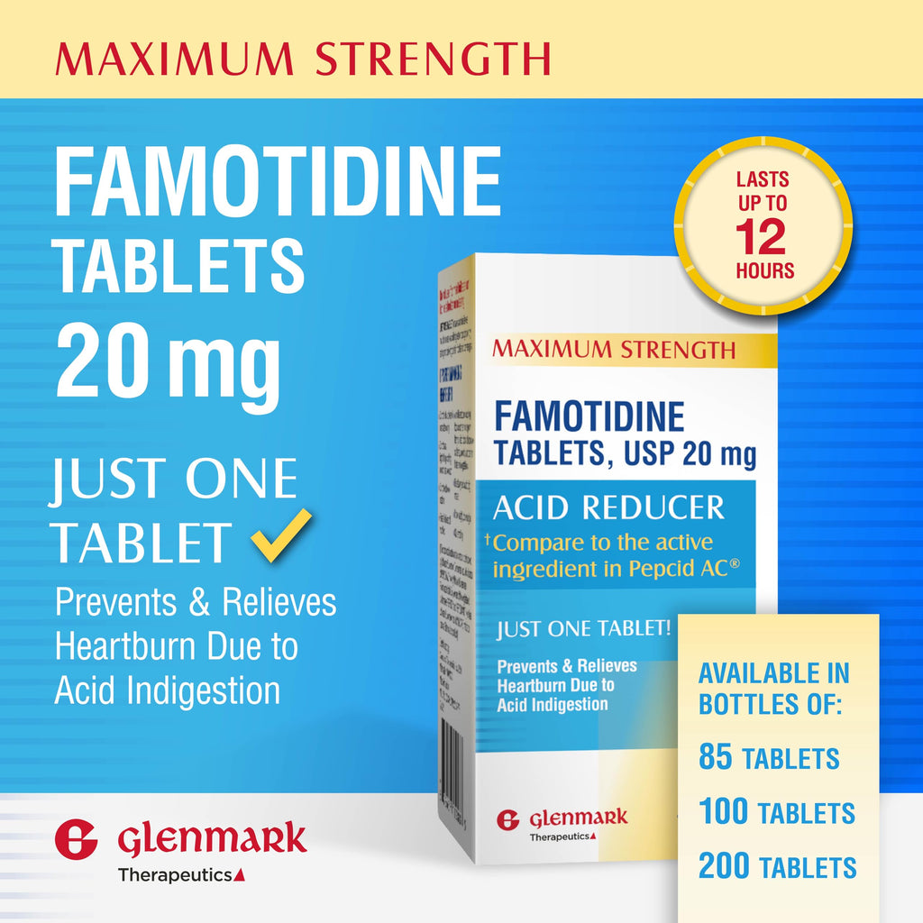 Glenmark Maximum Strength Famotidine Tablets, 20 mg, Acid Reducer for Heartburn Relief, 200 Count