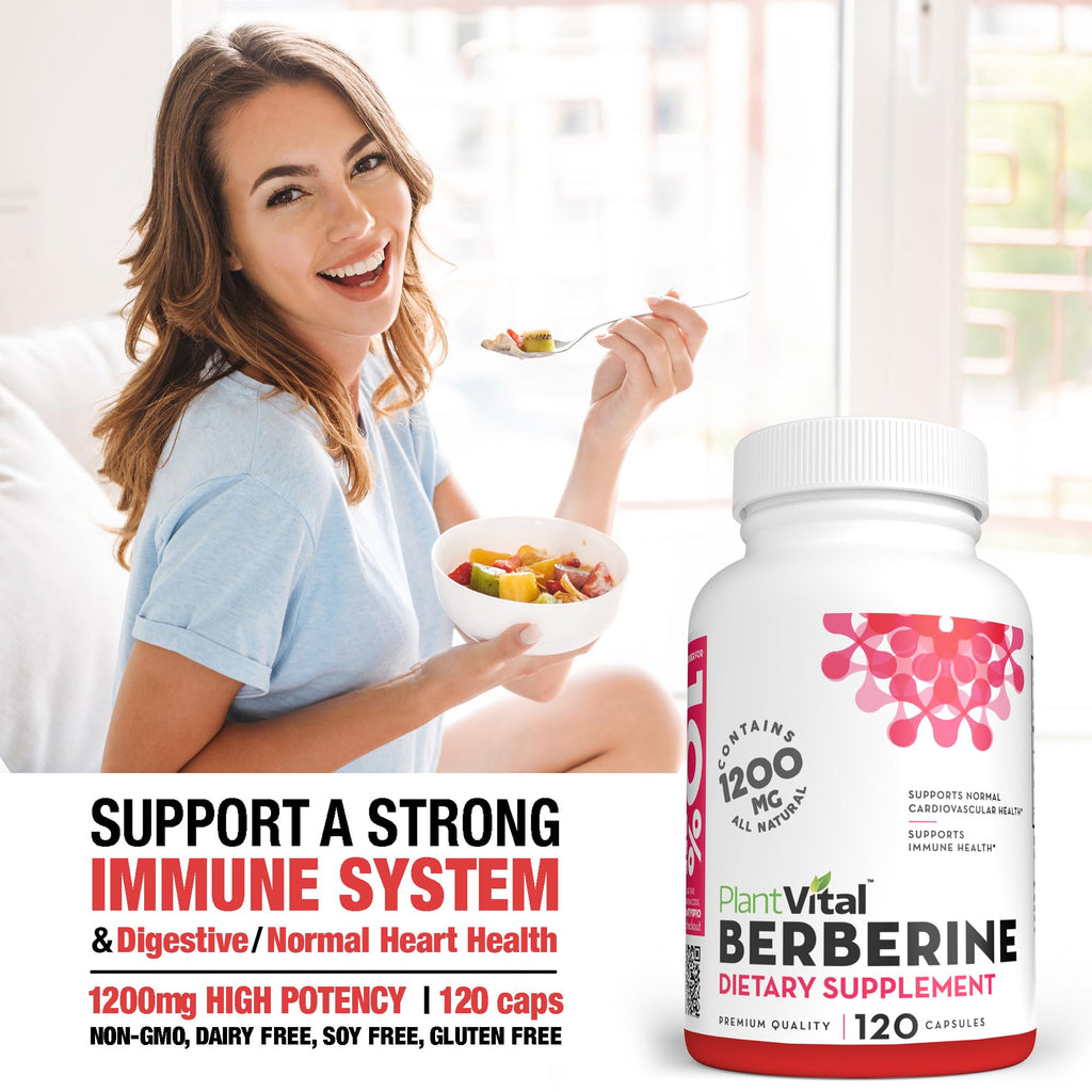 Plantvital Berberine 1200mg (per 2 Capsules) Berberine Supplement for Immunity Support and Normal Cardiovascular Health - 120 Capsules, Non-GMO, Vegan, Gluten Free and Made in the USA