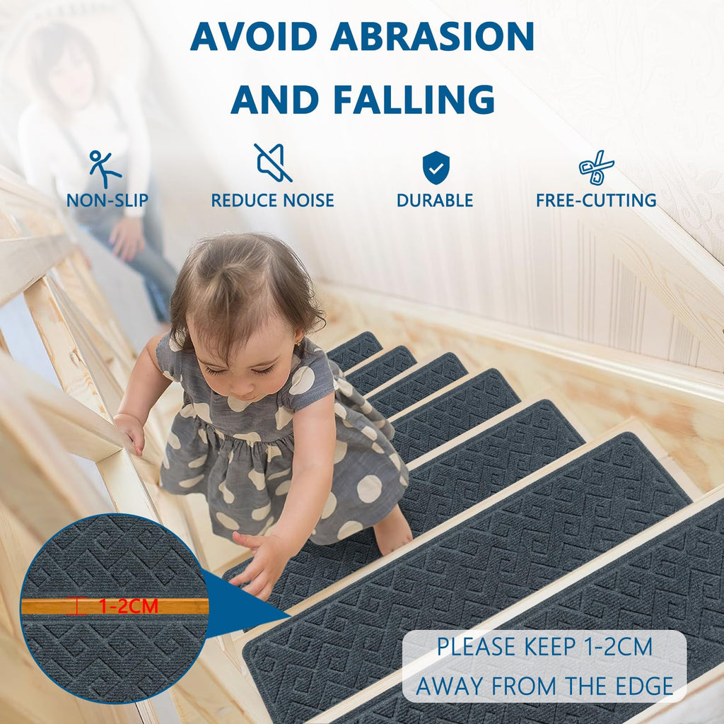 Stair Treads for Wooden Steps Indoor, 15 Pack 8" X 30" Non Slip Carpet Stair Treads with Reusable Adhesive for Kids Elders and Dogs, Surface Polyester TPR Backing Stair Rugs