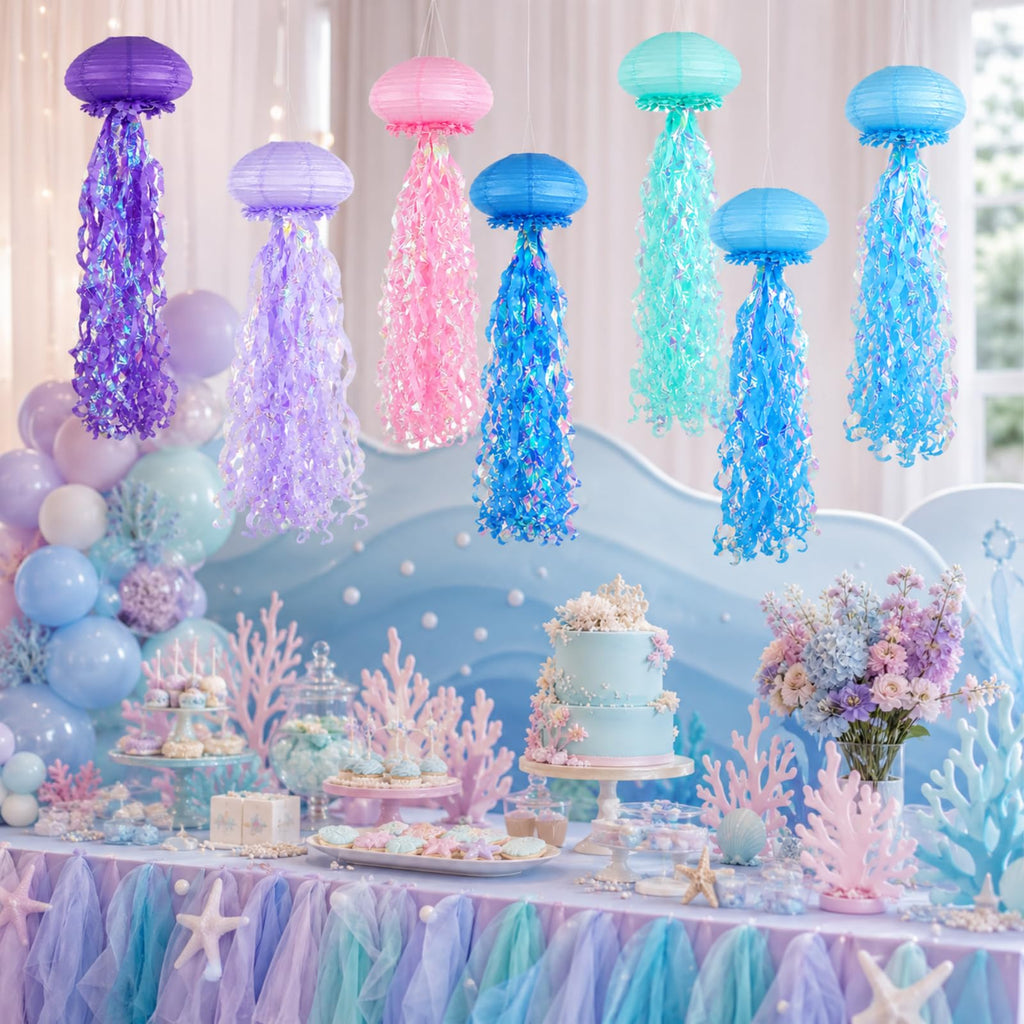 ADLKGG 6-Pack Jellyfish Paper Lanterns, Blue Purple Pink Under The Sea Party Decorations, Mermaid Birthday Decorations, Ocean Themed Baby Shower, 10" Jellyfish Lamp for Classroom Decor Pool Party