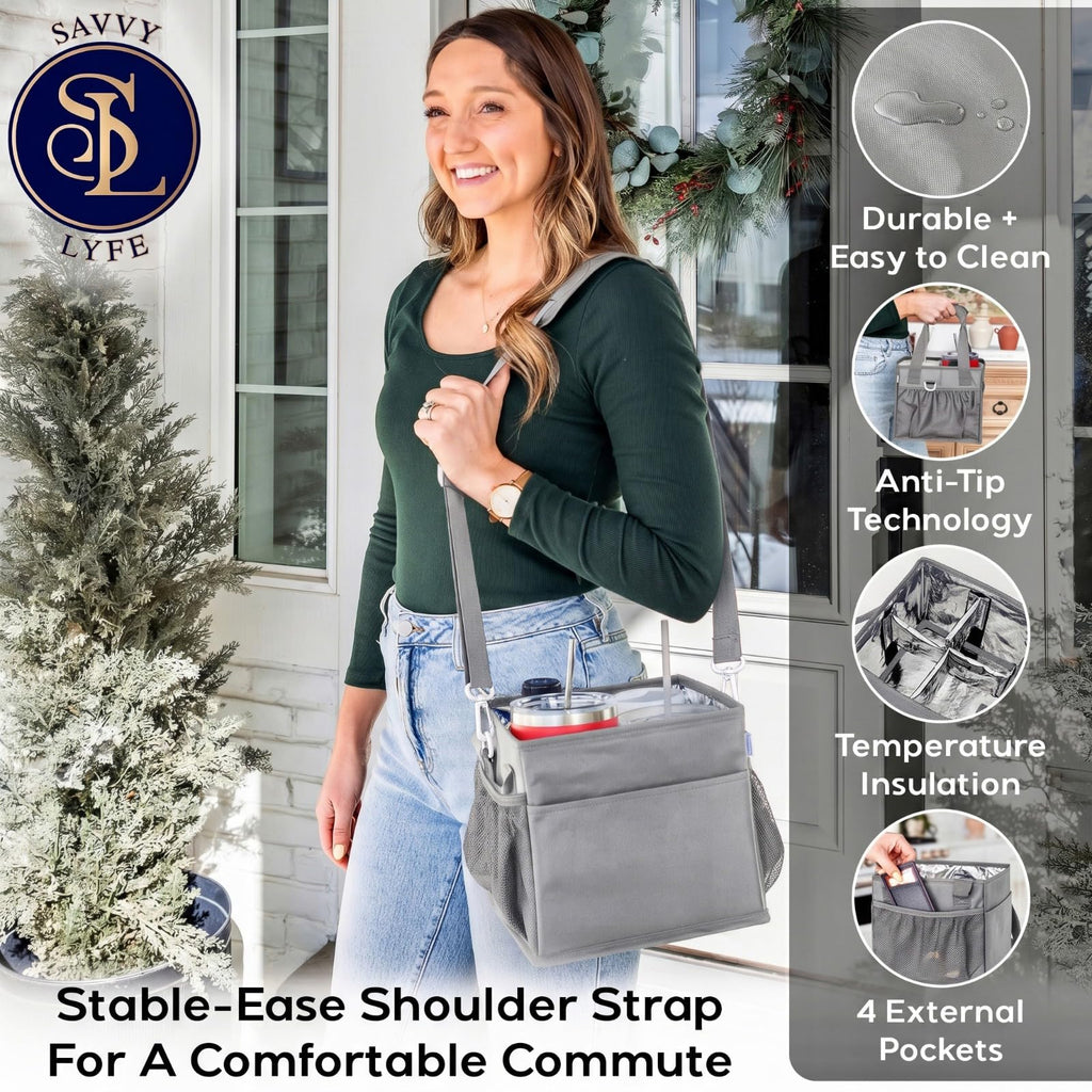 Savvy Lyfe Reusable Drink Carrier with Handle – Tip-Resistant 4 Cup Carrier with Shoulder Strap for Delivery – Insulated, Foldable, Adjustable Dividers – Portable Caddy Tote Bag, Drink Holder for Car