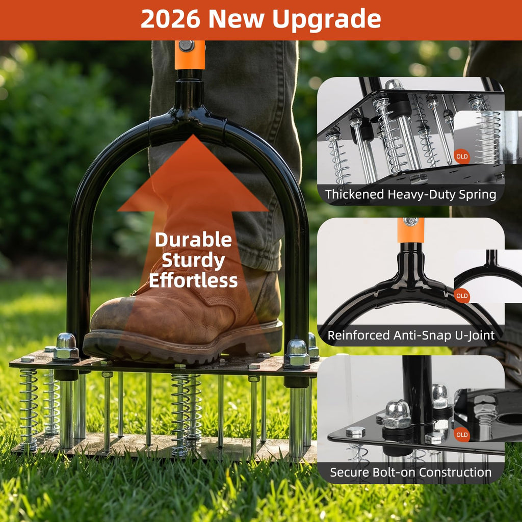 GAINO Manual Lawn Aerator Tool with 15 Spikes, 32"-35" Adjustable T-Handle Aerator for Lawn, Automatic Dirt Ejection Design, Heavy Duty Yard Grass Aerator for Soil Compaction, Black & Orange