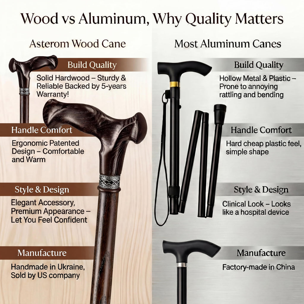 Asterom Walking Cane - Handmade, Ergonomic, Canes for Men - Wooden Walking Sticks for Seniors, Unique (Walnut, 36 Inches)