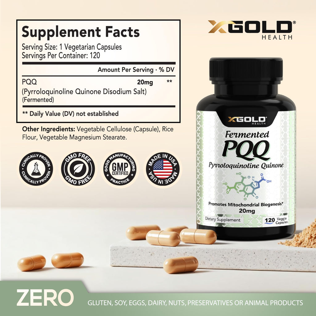 Fermented PQQ 20mg Supplement – Pyrroloquinoline Quinone for Mitochondrial Support, Cellular Energy Production, Brain Health, Memory, Focus & Healthy Aging, Vegan Non-GMO, 120 Capsules