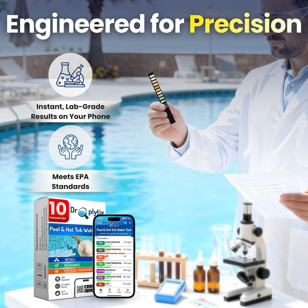DROPLYTIX 10-in-1 Pool & Spa Water Test Kit with App, Hot Tub, Saltwater, Chlorine, Cyanuric Acid, Alkalinity, Hardness, pH, Nitrate, Sulfate, Digital Water Quality Testing Strips (DXPOOL-R10-S10)