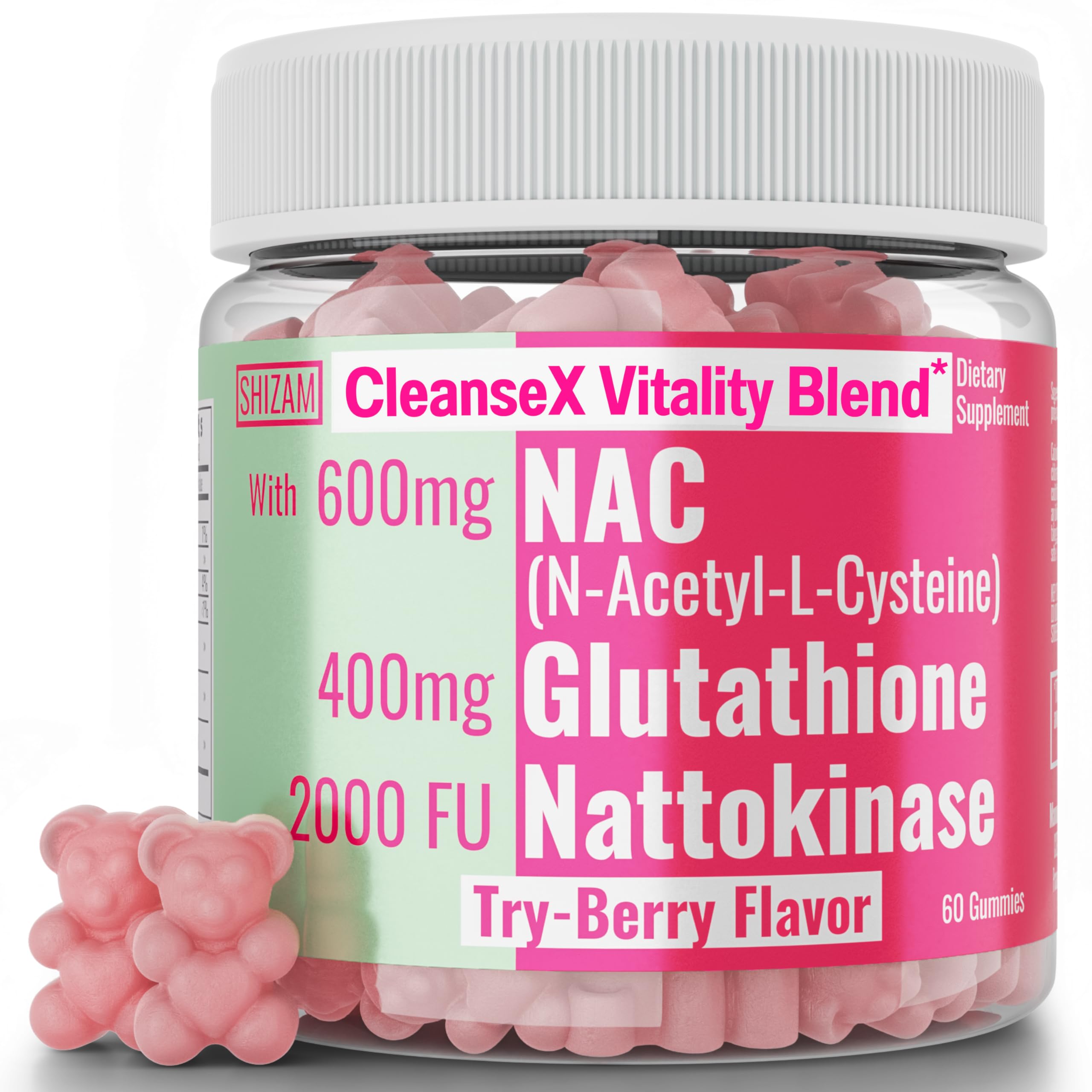 SHIZAM 600mg NAC 2000 FU 100mg Nattokinase & 400mg Reduced L Glutathione Gummies, N-Acetyl Cysteine Capsule Powder Pill Liquid Supplement/Supplements Alt, Organic N Acetylcysteine 1000mg 4000 600 mg