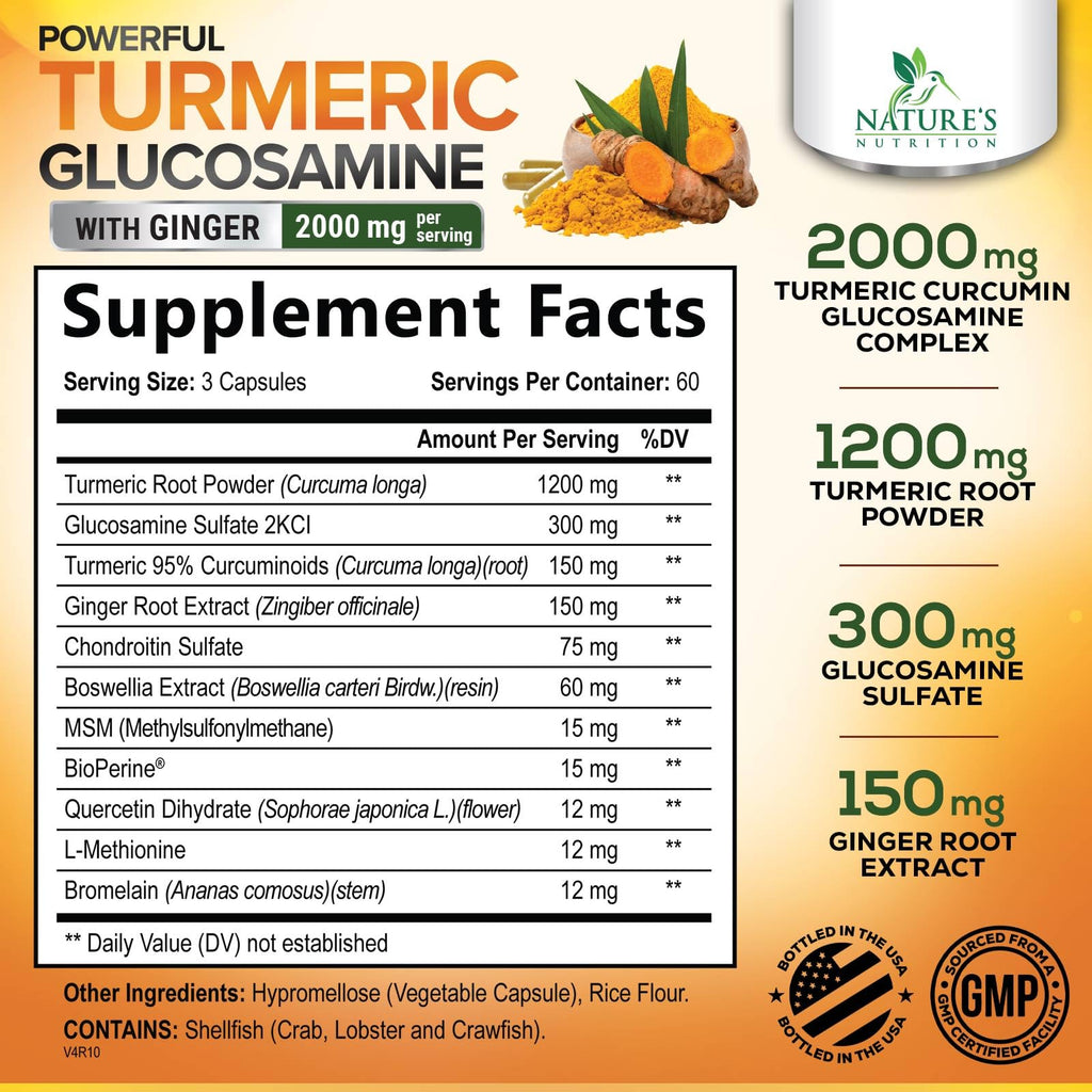 Turmeric Curcumin Supplement 2000mg - 95% Curcuminoids with Glucosamine, Ginger & MSM, BioPerine Black Pepper for Best Absorption, Nature's Vegan Joint Support, Non-GMO, Bottled in USA - 180 Capsules