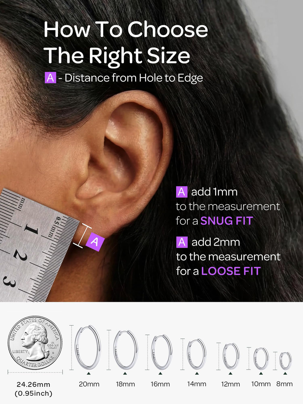 ChicSilver Sterling Silver Huggie Earrings for Women, 8MM Hoop Earrings