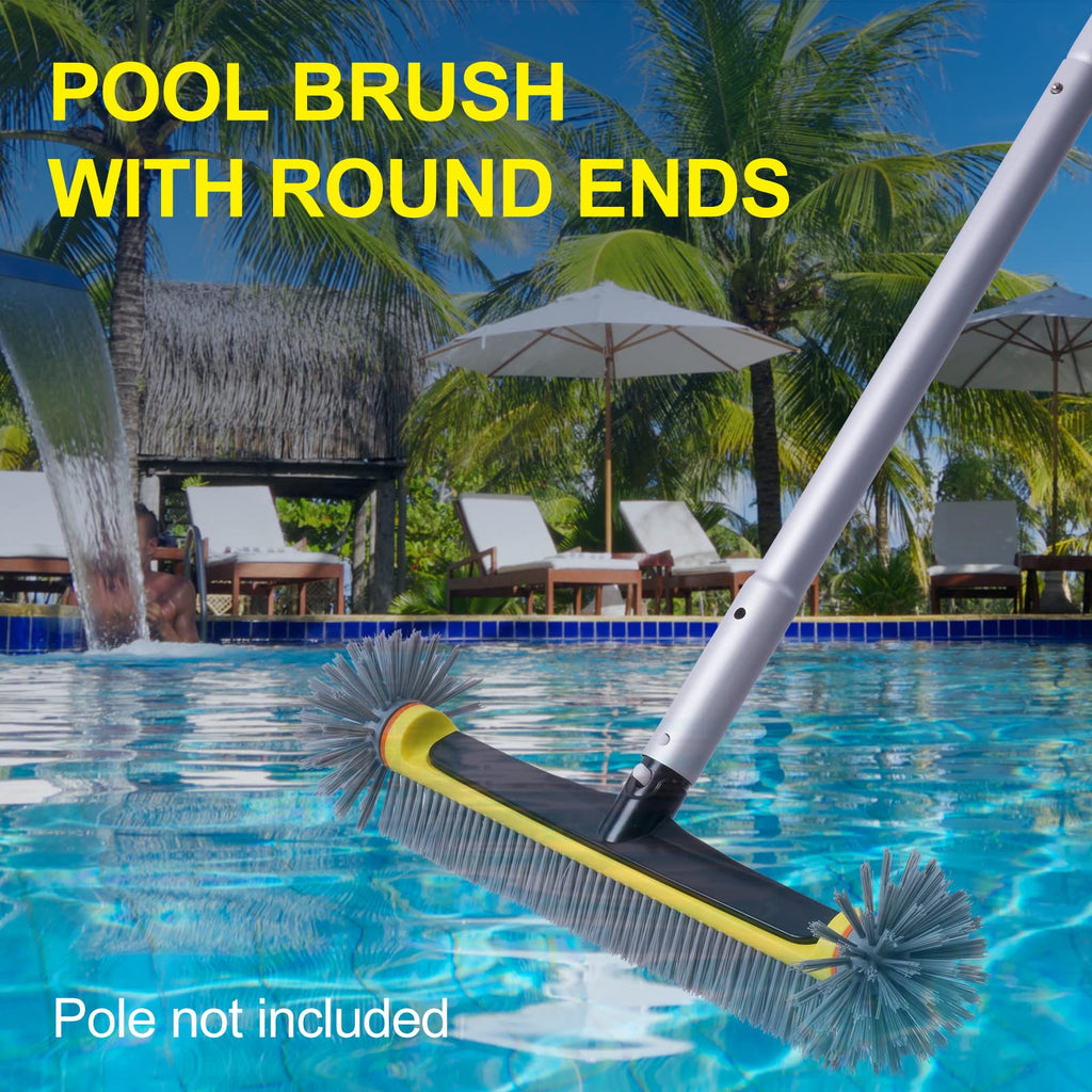 POOLAZA Pool Brush Head with Round Ends, Heavy Duty Pool Brushes for Cleaning Pool Walls, Floors Steps & Corners, 17.5" Pool Brush with Sturdy Aluminum Handle & Durable Nylon Bristles (Yellow)