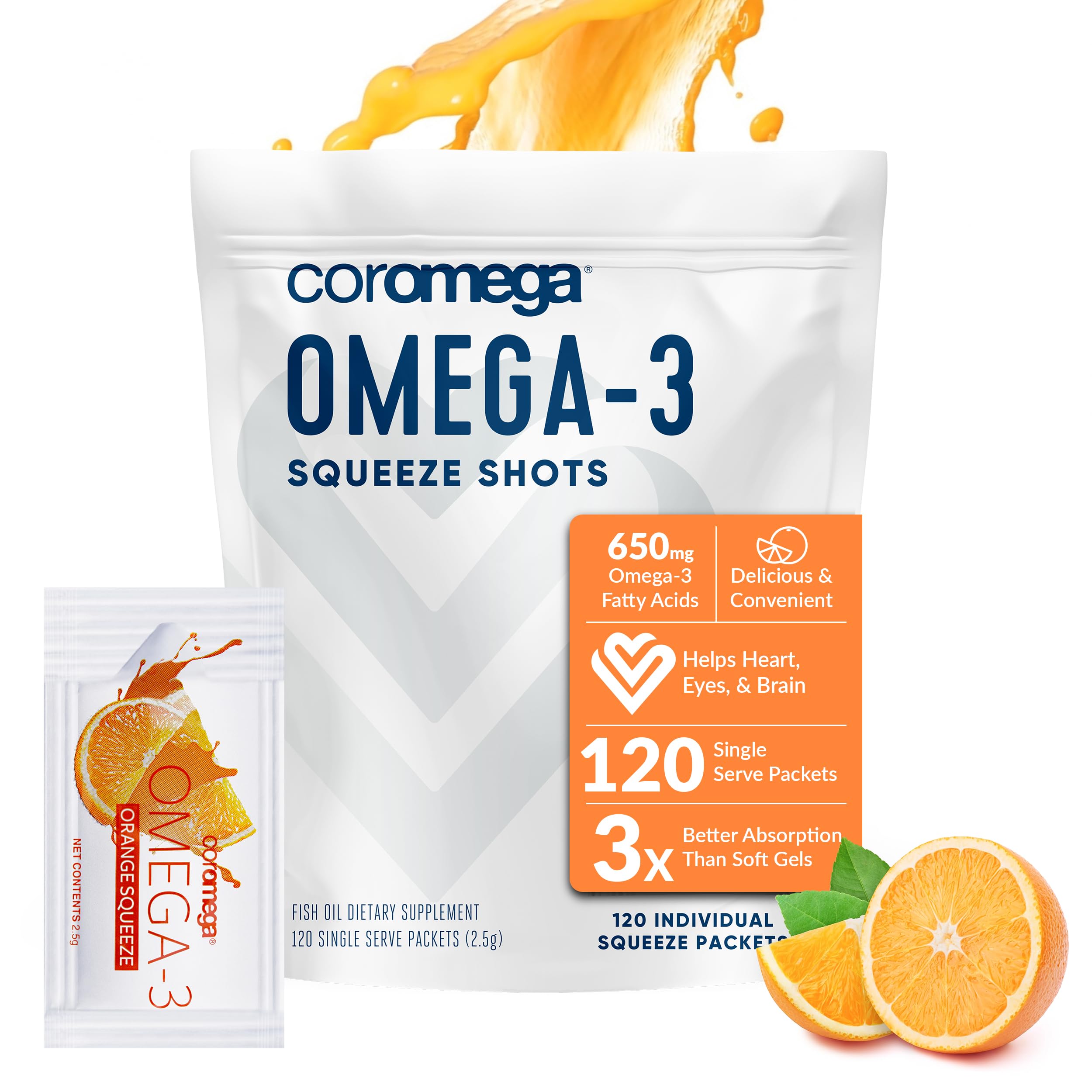 Coromega Omega 3 Fish Oil Supplement, 650mg of Omega-3s with 3X Better Absorption Than Softgels, Orange Flavor, 120 Single Serve Squeeze Packets