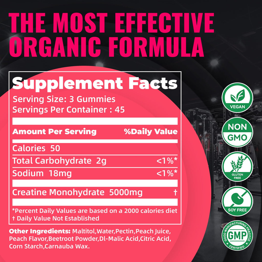 Natures Aid NSF Certified Creatine Gummy 5g - Creatine Monohydrate Gummies – Pre-Workout Energy & Muscle Growth Support for Men & Women | Peach Electrolyte Gummies (135 Count)