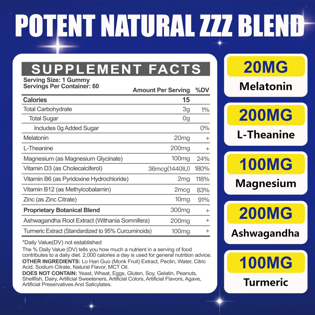 Melatonin 20mg Gummies for Adults - Sugar Free Melatonin Gummies Extra Strength with L-Theanine, Magnesium, Ashwagandha, Turmeric, D3 & Zinc - Non-Habit Forming
