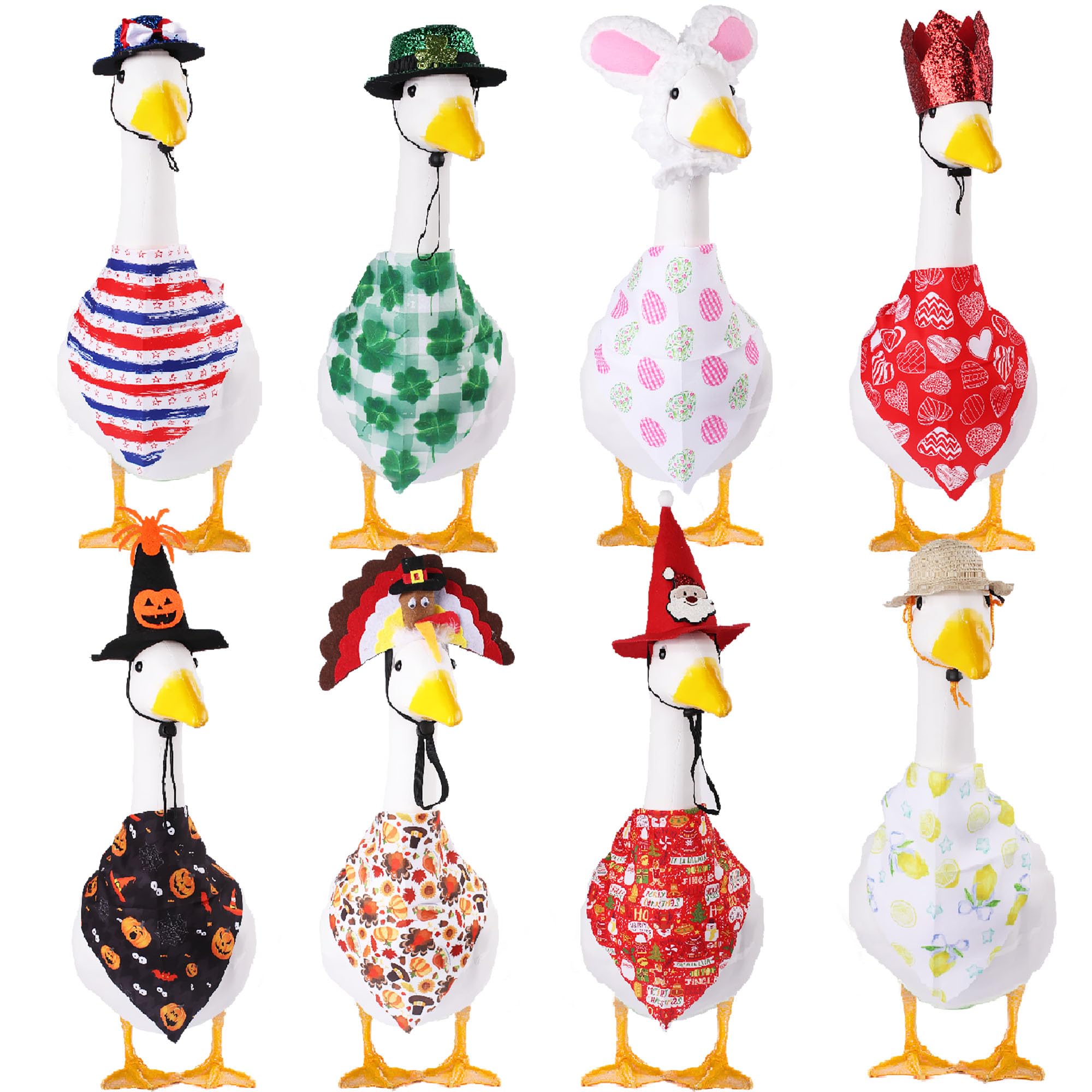 8 Set Seasonal Holiday Porch Goose Outfits 4th of July Summer All Seasons Geese Bandana Lawn Goose Clothes Costume Clothing for 23" Plastic Cement Goose Statue Patio Yard Outdoor Decor