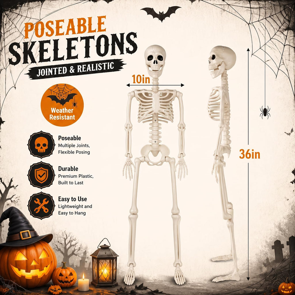 Toolterritary 36" Halloween Skeleton, 3 ft Human Skeleton Full Body Posable Joints Plastic Skeleton for Halloween Decoration, Yard Patio Lawn Garden Skeleton Spooky Party Decoration Indoor Outdoor
