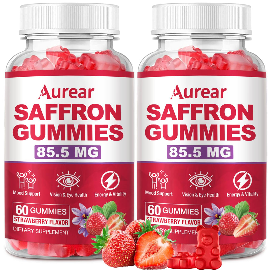 Aurear 2 Pack Saffron Gummies, 10-in-1 Saffron Supplement, Contains 88.5 mg of Saffron Extract, Mood & Sleep Support, Sugar-Free, Strawberry Flavor, 120 Count
