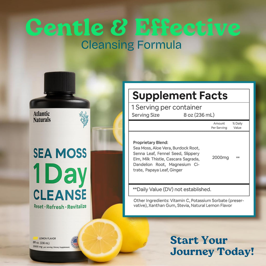 Atlantic Naturals - 1 Day Colon Cleanse Full Body Detox Drink - Sea Moss Supplement for Women & Men, Gut Health, Kidney & Liver Immune Energy Enhancer Gut Cleanse - Lemon Flavor Juice, 8 fl oz