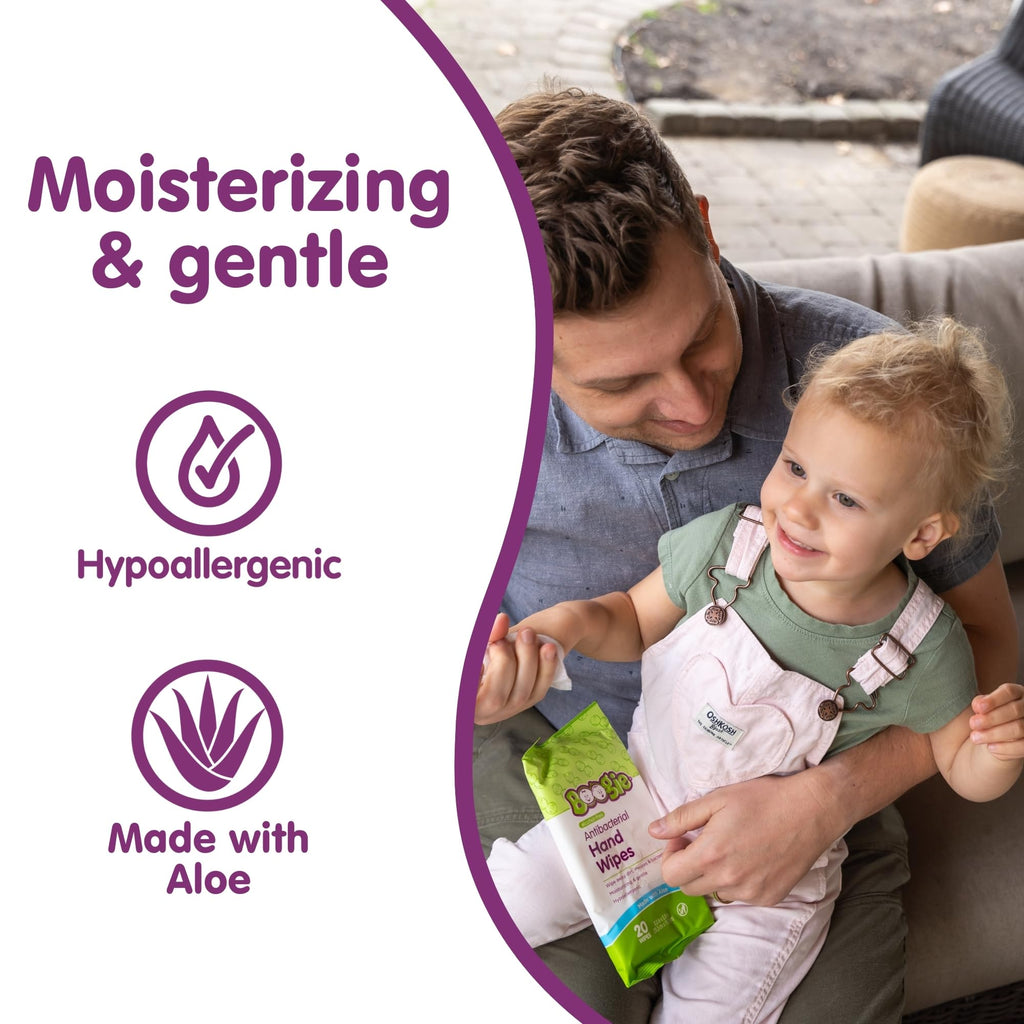 Antibacterial Hand Wipes by Boogie, Alcohol Free, Hypoallergenic and Moisturizing Aloe, Hand Wipes for Kids and Adults, 6 Packs of 20 (120 total wipes)