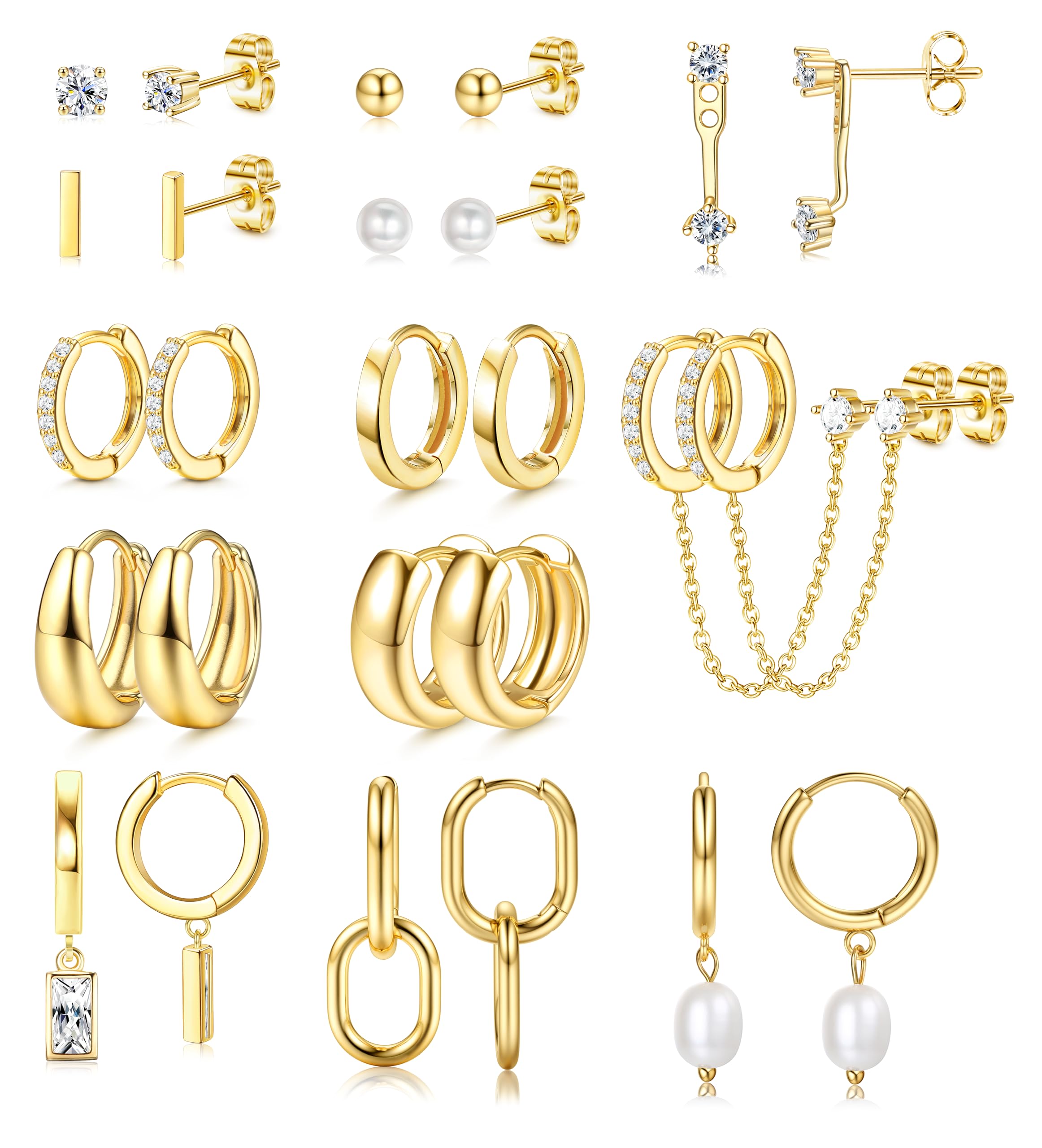 BESTEEL 13 Pairs Small Stud Hoop Earrings Set for Women, Gold Earrings Pack