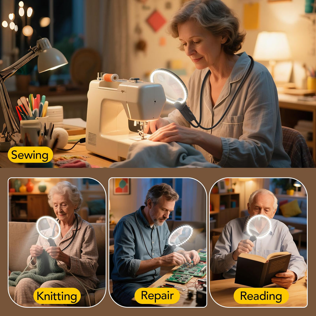 2500mAh Magnifying Glass with Light, 5X/10X Hands Free Magnifier for Reading, Sewing, Knitting, Cross Stitch & Crafts, Lighted Magnifier for Seniors & Low Vision