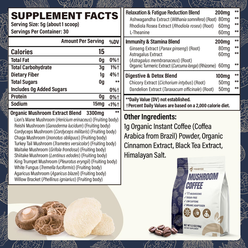 Mushroom Coffee, 11 Superfood Mushrooms includes Lion's Mane, Reishi, Chaga & Ashwagandha, Instant Mushroom Coffee Organic for Energy, Memory, Digestion & Detox, Low Caffeine & Sugar Free, 5.3oz
